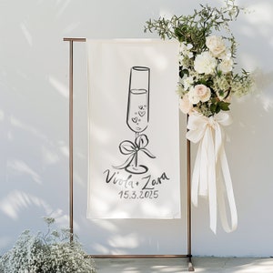 Handgeschriebene Namen Individuelles Leinenschild, lustiges Champagnerglas und Schleifenillustration Individuelles handgeschriebenes wunderliches Hochzeit-Willkommensschild