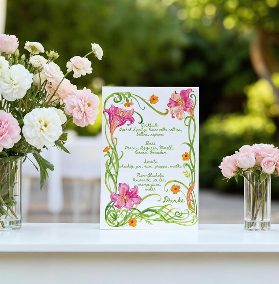 Watercolor Floral Bar Menu Template | Spring Wedding Garden Party | Wildflower Signature Cocktail Editable Drink Sign | Summer Wedding Menu
