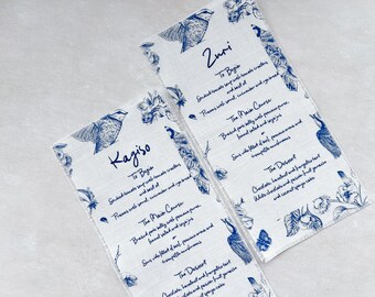 Toile Linen Fabric Dinner Menus | Wedding Menu, Chinoiserie Fabric Menu with Guest Names, Custom Linen Menu, Fine Art Wedding