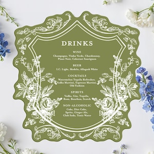 Vintage Blumen Hochzeit Barkarte, olivgrünes Bar Menü Schild, Hochzeit Crest Open Bar Schild, Floral Barock Crest Schild, Signature Cocktails
