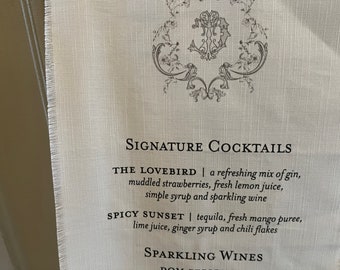 Classic Monogram Wedding Bar Linen Sign, Fabric Bar Menu, Custom Drink Menu, Signature Cocktail Menu, Fine Art Wedding Cocktail Sign