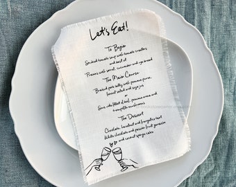 Handdrawn Linen Wedding Menus | Let's Eat Linen Menu, Whimsical Fabric Menu with Guest Name, Rehearsal Dinner Linen Cotton Menu Card