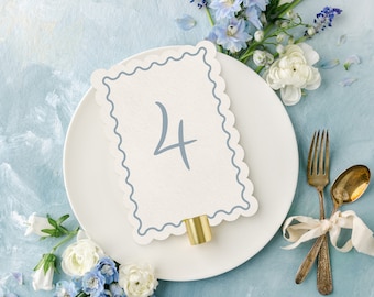 Scallop Shaped Dusty Blue Table Numbers | Whimsical Wedding Table Number Cards, Handdrawn Wavy Table Sign, 5 x 7 Quirky Wedding Table Decor