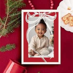 Cherry Red Classic Bow Christmas Photo Card, Printable Holiday Card | Bow Baby Announcement, Modern Christmas Card | Print Service Available