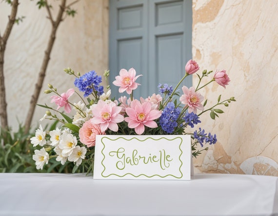 Whimsical Wedding Printed Placecards with Wavy Border | Personalized Hand-Drawn Name Cards | French Destination Wedding Place Cards