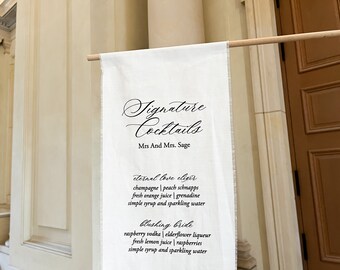 Calligraphy Signature Drinks Linen Bar Sign, Elegant Open Bar Linen Sign, Modern Wedding Cocktail Sign, Fabric Bar Menu