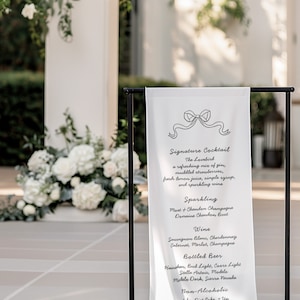 Bow Open Bar Leinen Schild, schrulliges handgeschriebenes Hochzeit Bar Menü, Stoff Bar Schild, Signature Cocktail Menü, wunderliches Hochzeit Leinen Bar Schild