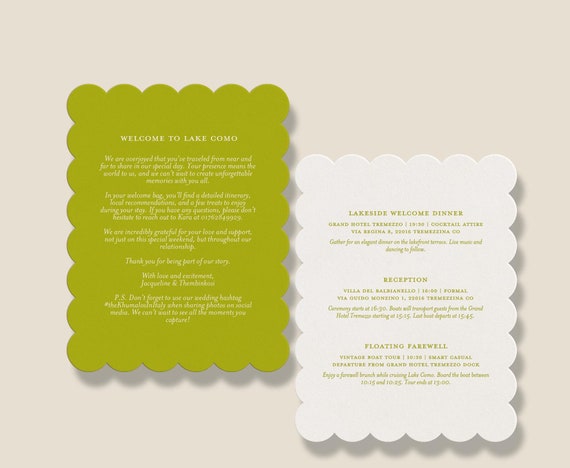 Printed Wedding Itinerary, Scallop Shaped Wedding Weekend Timeline Schedule of Events, Destination Wedding Welcome Bag Note, Details Card