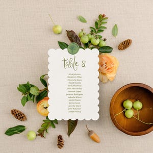 May include: A white card with scalloped edges and a green wax seal with a tree design. The card is labeled "Table 8" and lists the names of guests: Alice Johnson, Benjamin Miller, Charlotte Davis, David Garcia, Emily Martinez, Felix Hernandez, Hannah Lopez, Jackson Rodriguez, Isabella Wilson, Jacob Moore, James Lewis, Jennifer Clark, John Robinson, and Joseph Young.