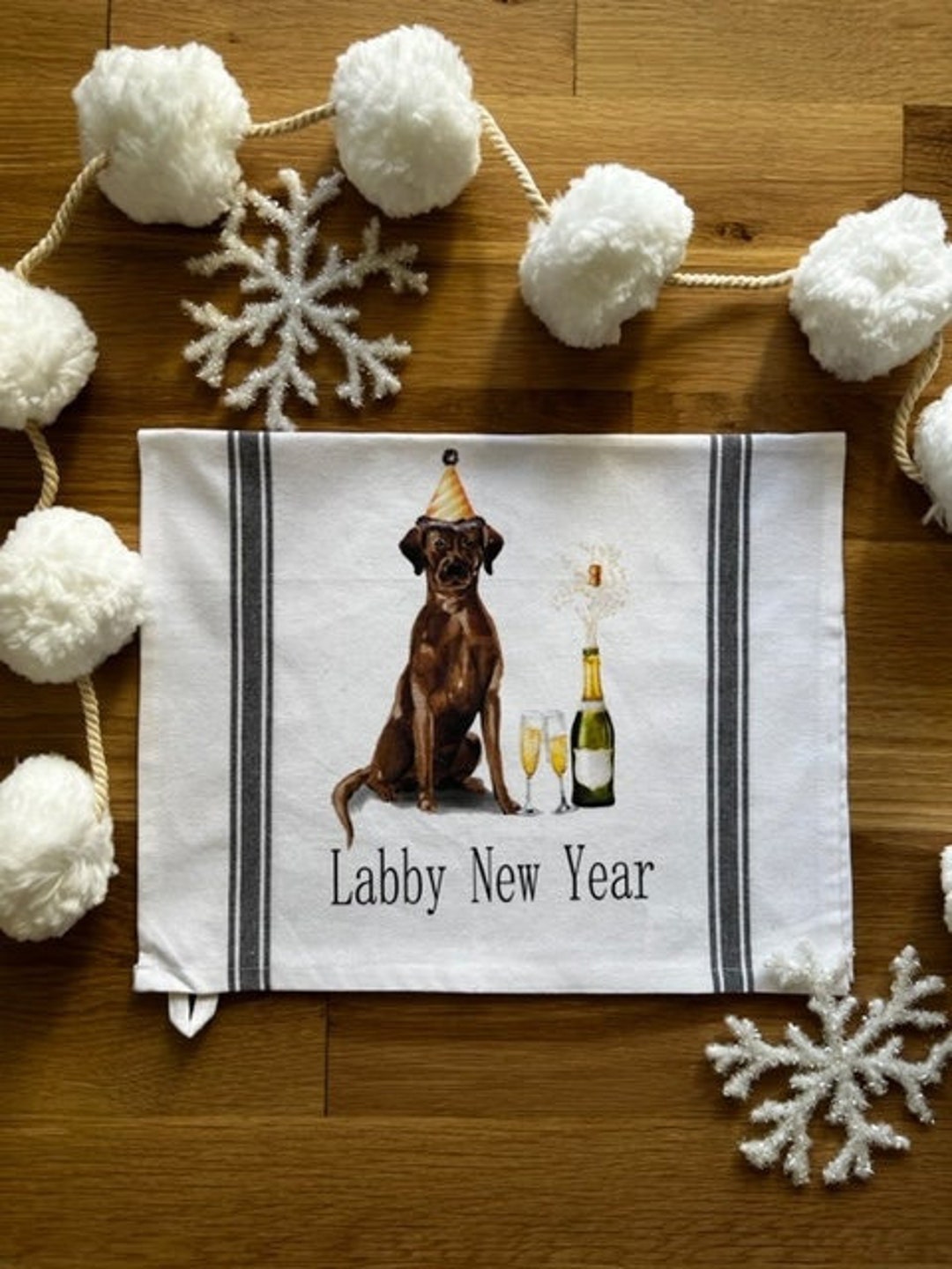 Happy New Year Labrador Tea Towel New Year Black Lab Kitchen Etsy
