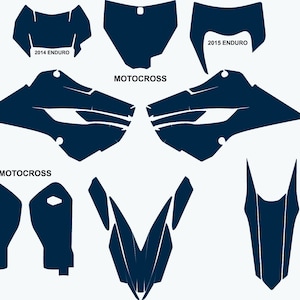 May include: A set of blue motorcycle graphics decals for motocross and enduro bikes. The decals include front and rear fender graphics, side panel graphics, and number plate graphics. The decals are labeled "2014 Enduro", "2015 Enduro", and "Motocross".