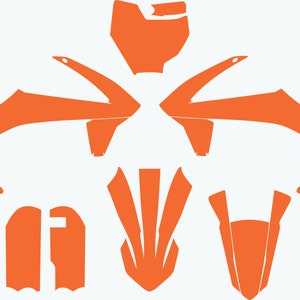 May include: Orange motorcycle graphics kit for a dirt bike. The kit includes a front fender, rear fender, side panels, number plates, and a fork guard.
