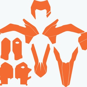 Op de afbeelding: Oranje motorfiets graphics kit met 2016 en 2014-2015 vorkbeschermers.