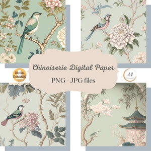 8 Colourful Chinoiserie Paper, Chinoiserie Art,  Chinoiserie Paper, Chinoiserie Images, Asian Art, Digital Paper Pack, AI Art, PNG, JPEG