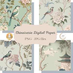 8 Colourful Chinoiserie Paper, Chinoiserie Art,  Chinoiserie Paper, Chinoiserie Images, Asian Art, Digital Paper Pack, AI Art, PNG, JPEG