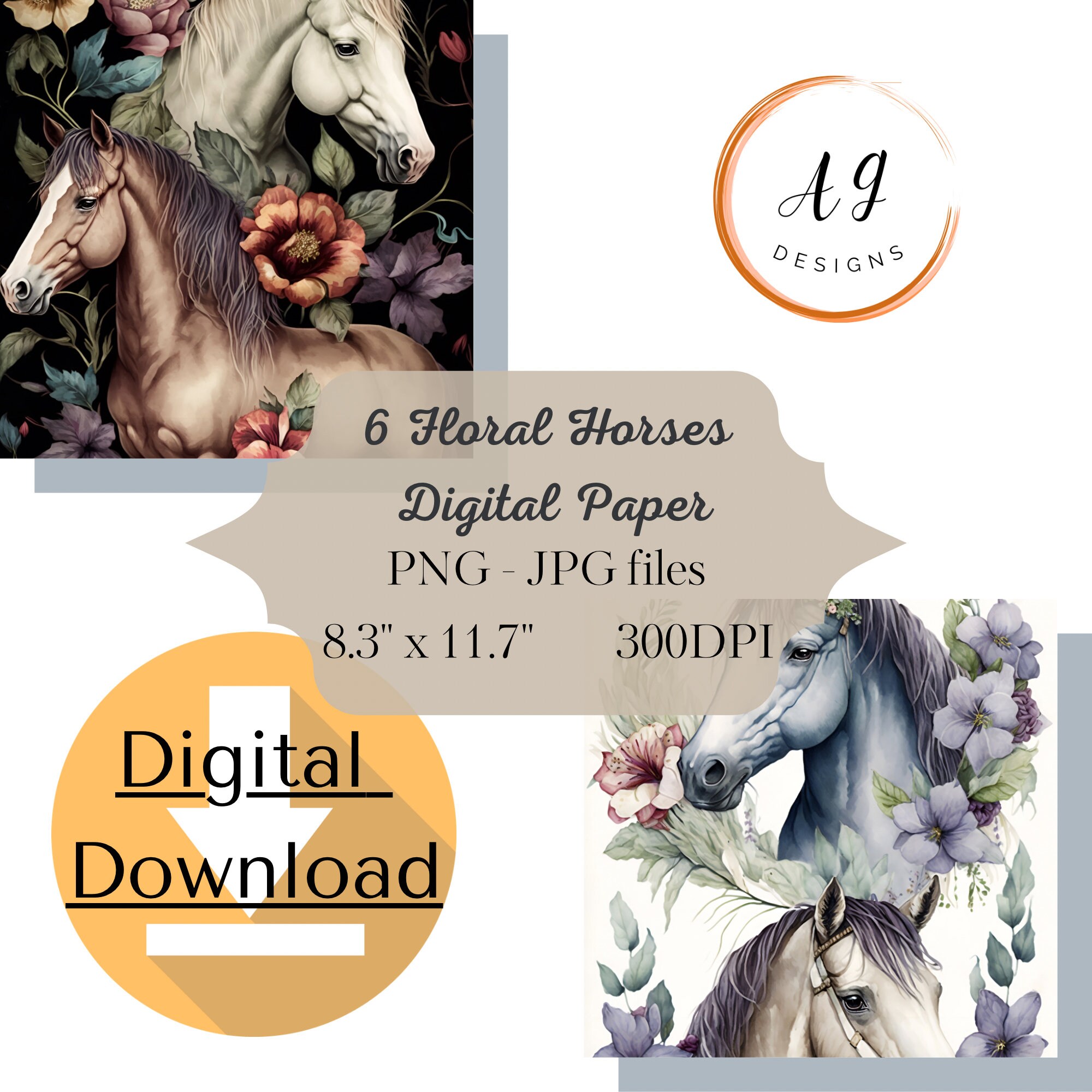 6 Floral Horses Digital Paper Horse Printable Horse Designs - Etsy