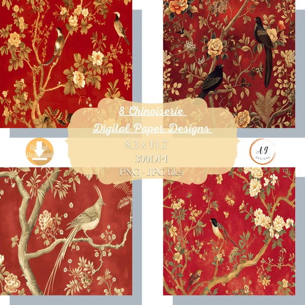 8 Red Chinoiserie Paper, Chinoiserie Art,  Chinoiserie Paper, Chinoiserie Images, Asian Art, Digital Paper Pack, AI Art, PNG, JPEG