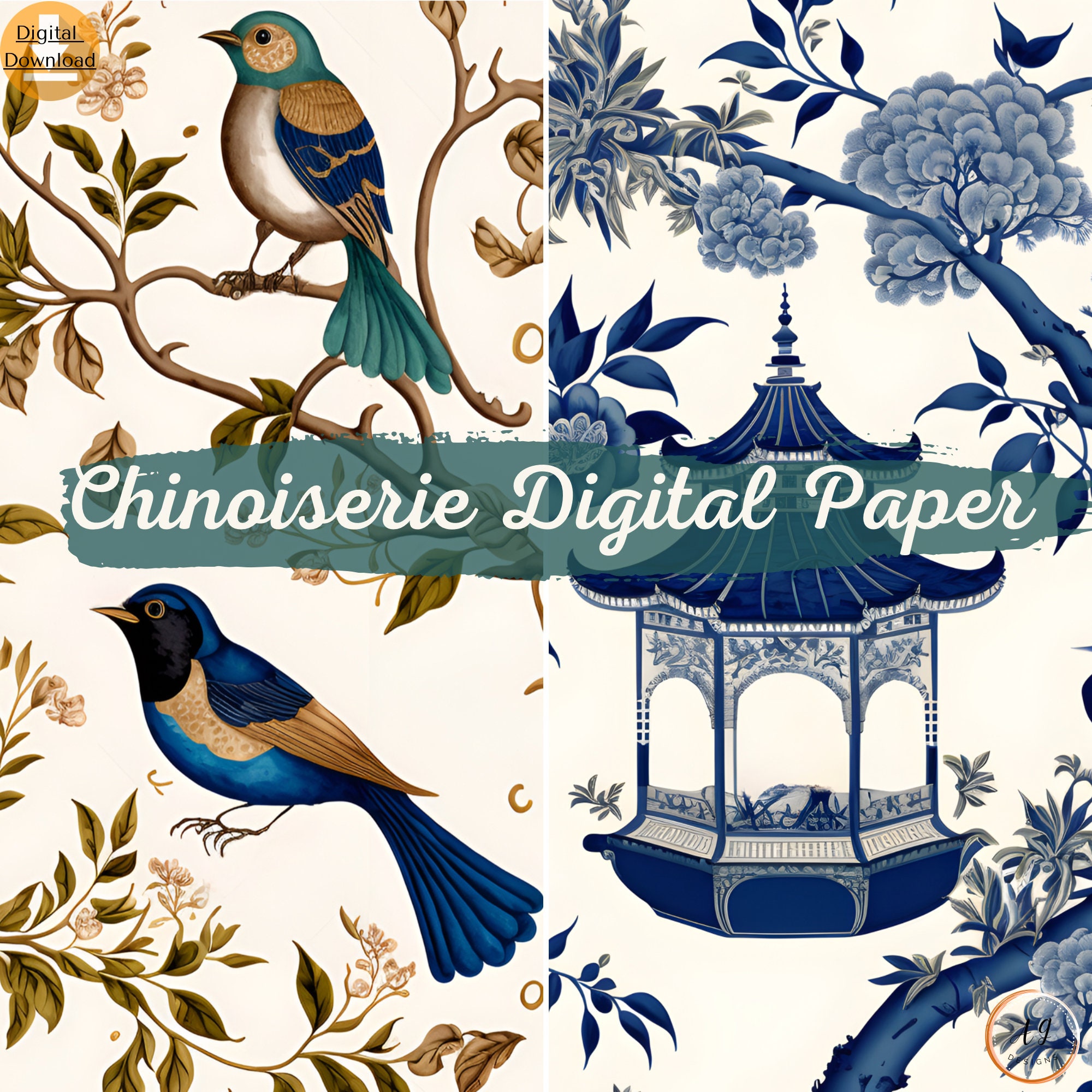 12 Colourful Chinoiserie Digital Pattern Paper Chinoiserie - Etsy