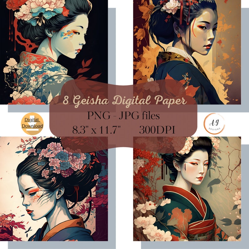 8 Geisha Digital Art, Chinoiserie Art, Asian Art, Asian Digital Paper ...