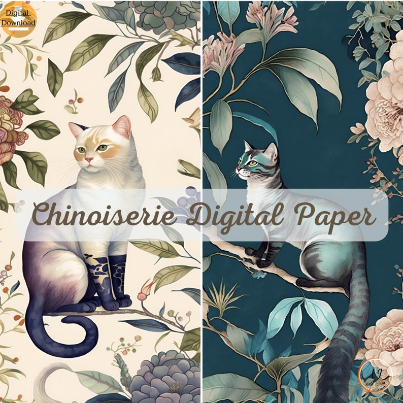 8 Cat Digital Paper, Chinoiserie Paper, Oriental Paper, Asian Digital ...