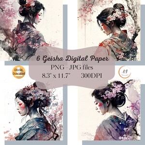 6 Pastel Geisha Digital Art, Chinoiserie Art, Asian Art, Asian Digital Paper, Oriental Paper, Wall Art, Printable, Decoupage Paper, Flower