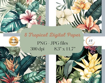 8 Tropical digital papers, Tropical flowers, Tropical Paper, Digital Paper, Tropical Leaves, Tropical Watercolour, Flower, PNG, JPEG,