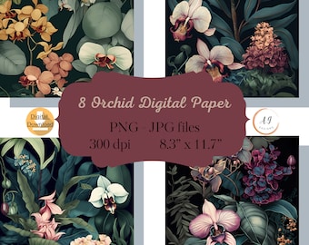 8 Orchid digital papers, Tropical paper flowers, Orchid Paper, Digital Paper, Tropical Leaves, Tropical Flowers, Orchids, Flower, PNG, JPEG,