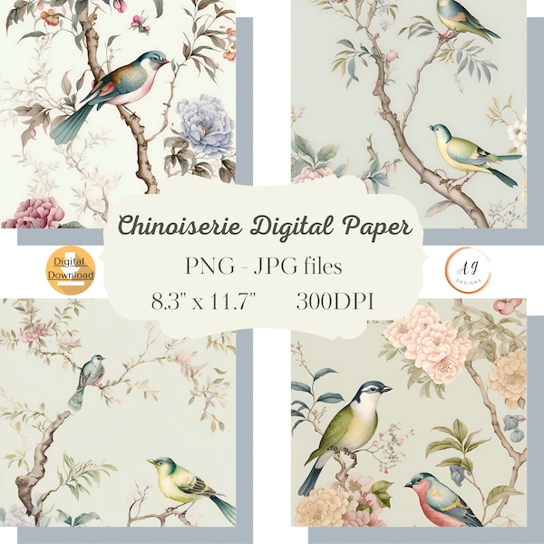 8 Bird Chinoiserie Paper, Chinoiserie Art,  Chinoiserie Paper, Chinoiserie Images, Asian Art, Digital Paper Pack, AI Art, PNG, JPEG