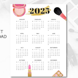 Yearly Makeup Calendar Instant Download, 2025 12-Month Look Glam Girl Calendar Printable, 2025 Calendar Cosmetic Beauty Theme Pink Gold