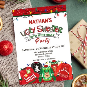 Ugly Sweater Birthday Party Invitation, Editable Canva Template, Digital Download
