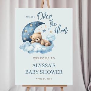 Over de maan baby shower welkomstposter, Moon Bear baby welkomstbord, Bear Clouds baby shower print, bewerkbare sjabloon