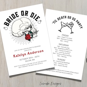 Bride or Die Bachelorette Invitation, Til Death Do Us Party Invite, Bachelorette Weekend Itinerary, Halloween Bachelorette Party Invite