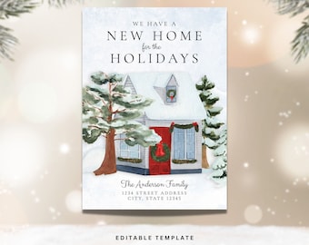 Bearbeitbare Umzugsanzeige Weihnachtskarte, Wir sind umgezogen Urlaubskarte Digtiital Download, neues Zuhause für die Feiertagskartenvorlage