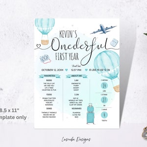 Poster ONEderful premier anniversaire jalon bleu, modèle modifiable 8,5 x 11 pouces, modèle jalon 1re année