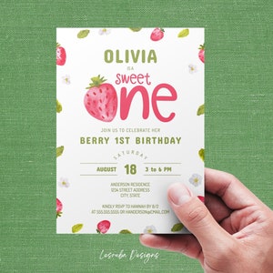 Berry First Invitation, Strawberry First Birthday Invite, Berry 1st Birthday Party Invitation Editable, Sweet ONE Birthday Invite Digital