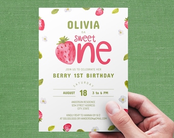 Berry First Invitation, Strawberry First Birthday Invite, Berry 1st Birthday Party Invitation Editable, Sweet ONE Birthday Invite Digital