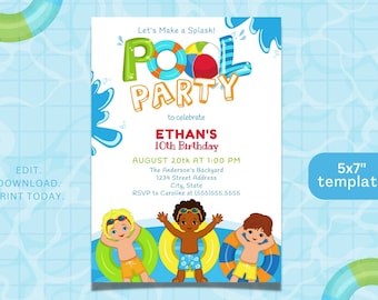 Kinder Pool Party Einladung, Junge Schwimmen Geburtstagseinladung, Pool Geburtstagseinladung Vorlage, Sommer Pool Einladung, Digitaler Geburtstag