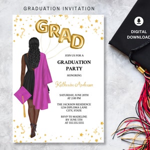 Graduation Party Invitation, African American Female Graduation Invitation, High School College Grad Party Invite Editable Template Pink