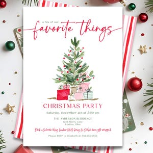 May include: A white Christmas party invitation with red and pink accents. The invitation features a watercolour illustration of a Christmas tree with gifts. The text reads "a few of our favourite things" and includes party details.
