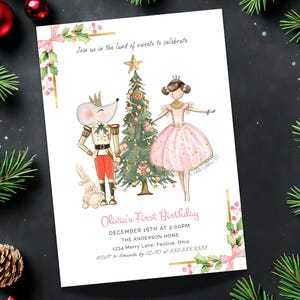 May include: A festive invitation for Olivia's first birthday, featuring a ballerina, a nutcracker mouse, and a decorated Christmas tree. The invitation includes the date, time, and location: The Anderson Home, 1234 Merry Lane, Festive, Ohio.