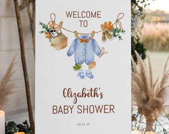 Fall Clothes Baby Shower Welcome Sign, Clothesline Boy Baby Shower Poster Welcome, Fall Baby Shower Print, Autumn Baby Boy Editable