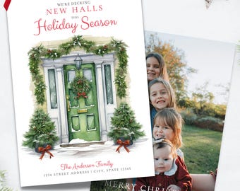 Decking New Halls Urlaubskarte, neue Adresse Weihnachtsgruß, Familienfoto, digitaler Download, bearbeitbare Vorlage