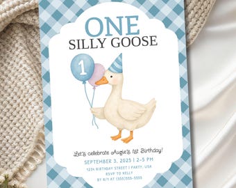 One Silly Goose Birthday Invitation, 1st Birthday Goose Invite, Silly Goose Turning 1 Birthday Template, Goose Themed First Birthday Invite