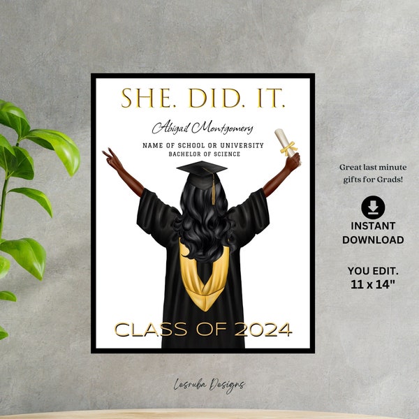 Personalized Graduation Gift, Grad Print She Did It Graduate Poster Digital Graduation Gift for Her Female African American Grad Keepsake
