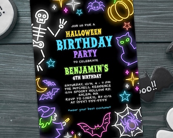 Halloween Kids Birthday Invitation, Spooky Neon Style Birthday Party Invite Editable Template, Digital Download,