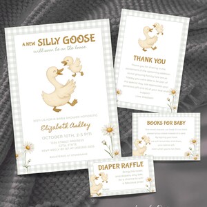 Silly Goose Baby Shower Invitation Set, Green Gingham Invite, Gender Neutral Geese Baby Shower, Mama Goose Baby Goose Set Printable Template