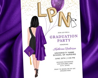 LPN Graduation Party Invitation, Purple & Gold, Nursing School Grad Party Invite, Dark Haired Nurse, Digital Download