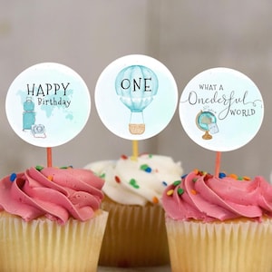 Onederful 1st Birthday Cupcake Topper Templates, First Birthday Boy Onederful World 1st Birthday Party Printables Hot Air Balloon