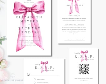 Pink Bow Wedding Invitation Template, Coquette Wedding Invite, Digital Download, RSVP Card, QR Code RSVP, Details Card