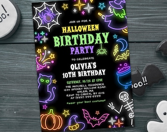 Neon Birthday Halloween  Invitation, Kids Birthday Party Invite Template, Digital Download